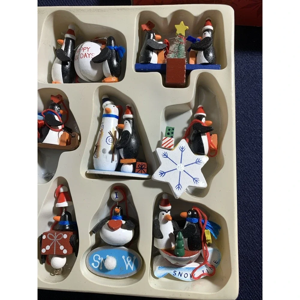 Penguin Wood Hanging Christmas Holiday Ornaments, Lot of 12 - Cute